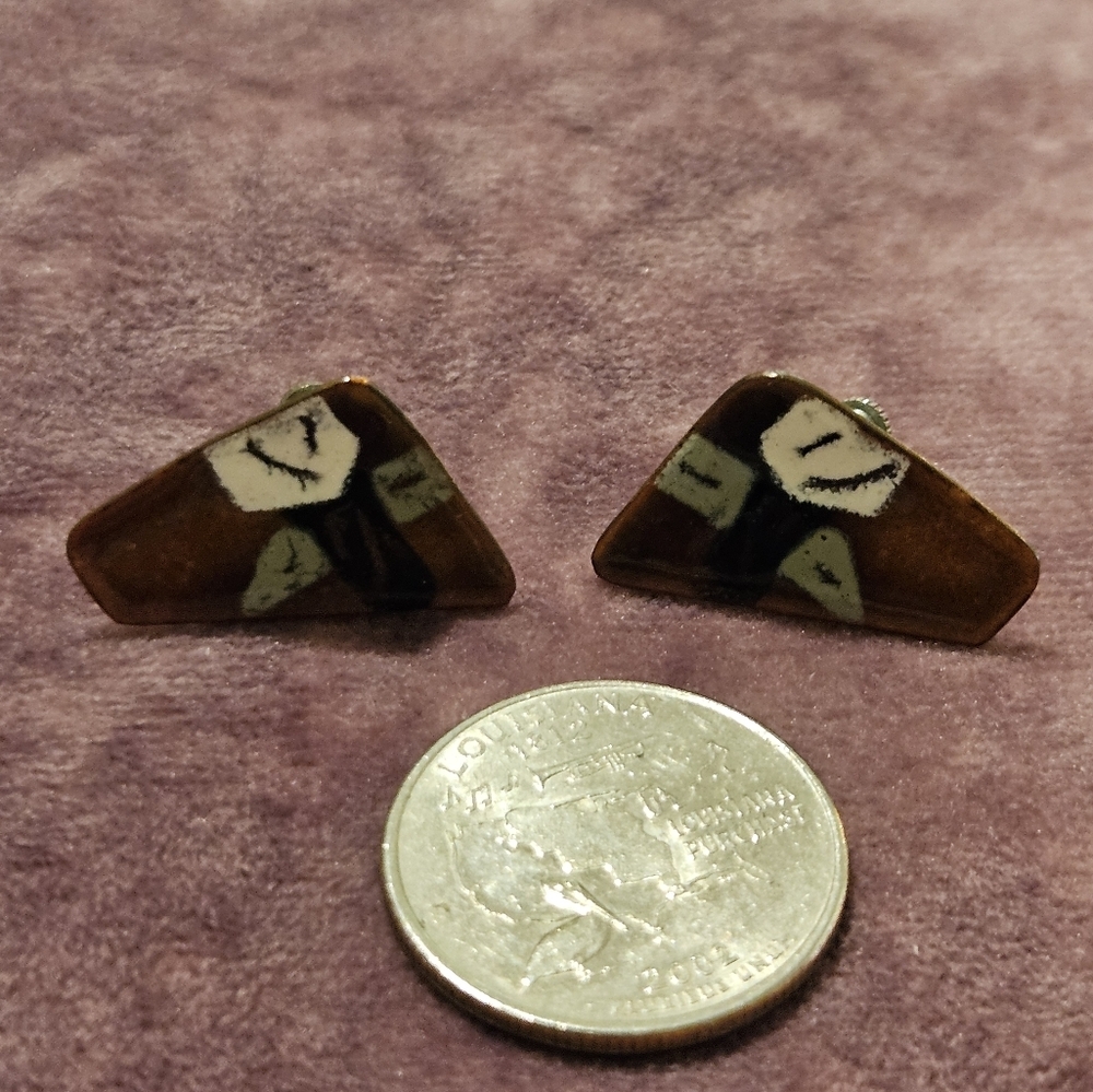 Unique Vintage Mid Century Artisan Enamel Screwback Earrings